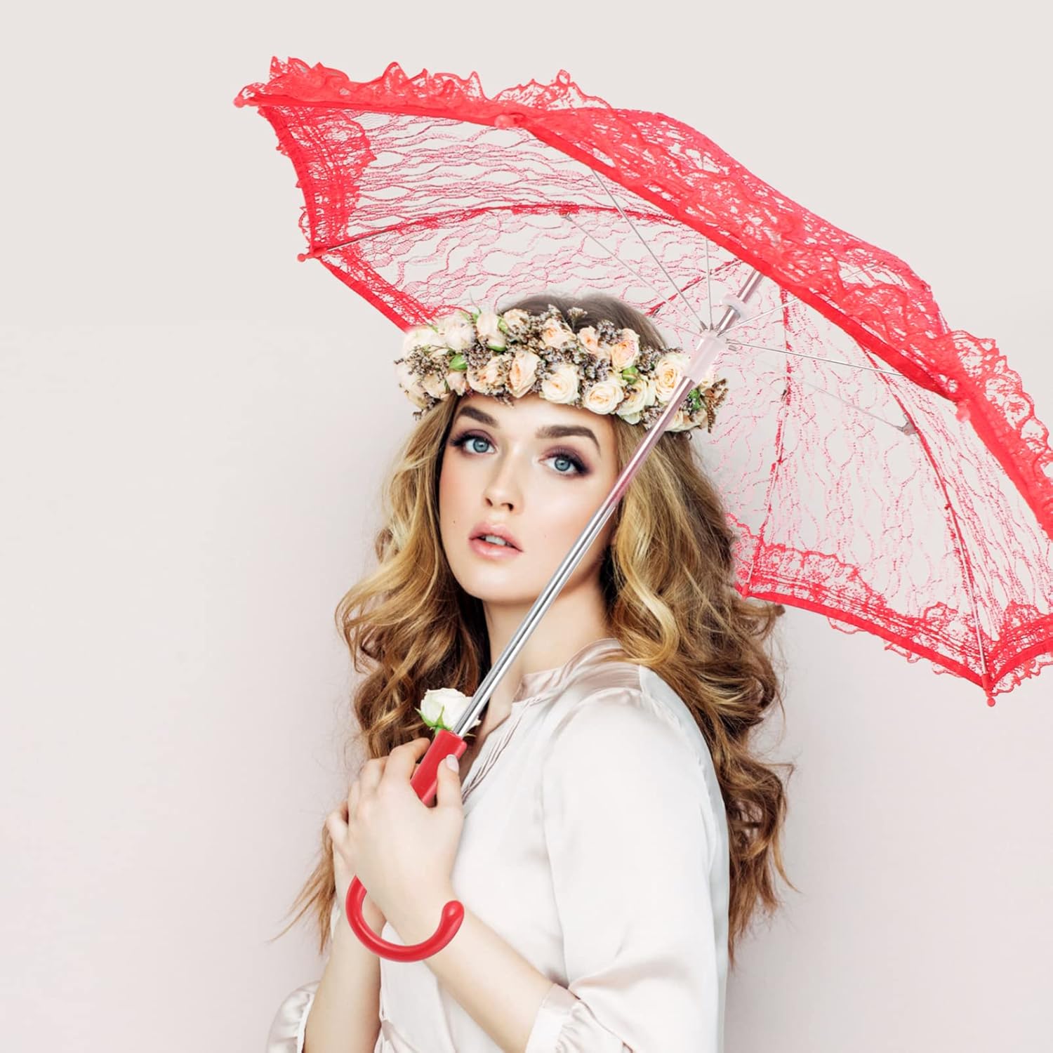 Toyvian Lace Parasol Umbrella Vintage Wedding Bridal Umbrella for Photo Props Wedding DecorationRed