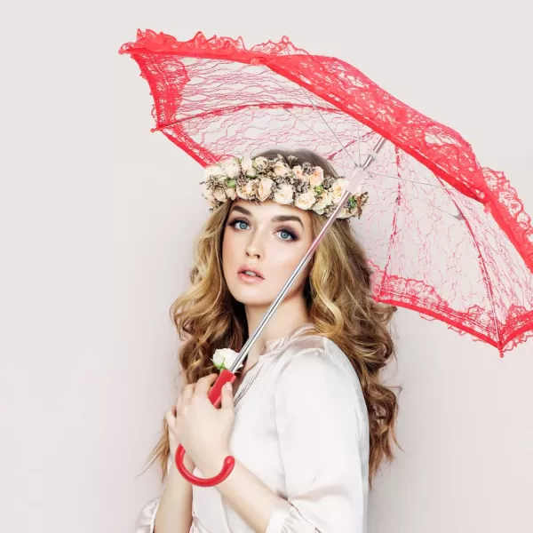Toyvian Lace Parasol Umbrella Vintage Wedding Bridal Umbrella for Photo Props Wedding DecorationRed