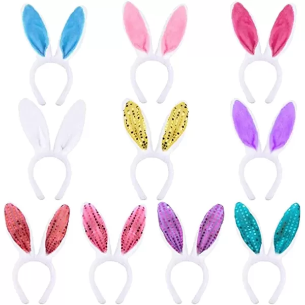 Toyvian 10pcs Easter Bunny Ears Headbands Plush Bunny Ears Headband Colorful Bunny Costume Sequin Hairbands Cute Rabbits Ears Hairbands for Girls Easter Party Favors