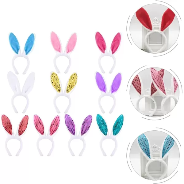 Toyvian 10pcs Easter Bunny Ears Headbands Plush Bunny Ears Headband Colorful Bunny Costume Sequin Hairbands Cute Rabbits Ears Hairbands for Girls Easter Party Favors