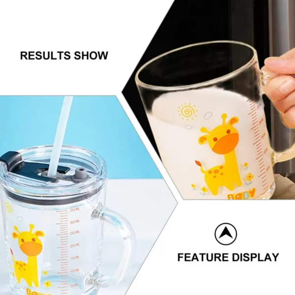 Toyvian 2 Sets Glass Tumbler Milk Cup Straw Mug Cartoon Giraffe Water Drinking Cup with Lid Handle and Scale with Coaster for Child 400ml