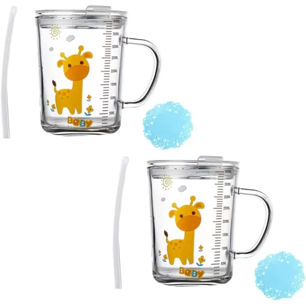 Toyvian 2 Sets Glass Tumbler Milk Cup Straw Mug Cartoon Giraffe Water Drinking Cup with Lid Handle and Scale with Coaster for Child 400ml