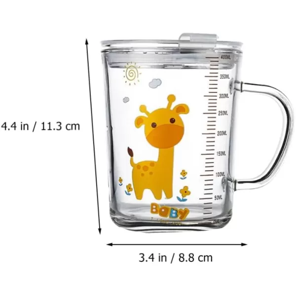 Toyvian 2 Sets Glass Tumbler Milk Cup Straw Mug Cartoon Giraffe Water Drinking Cup with Lid Handle and Scale with Coaster for Child 400ml