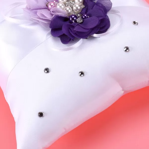 Toyvian 4pcs Set Ring Bearer Pillow with Pearl Bowknot Flower Girl Basket Wedding Guest Book Table Pen with Pen Holder for Wedding Party Decoration Supplies Purple FlowerPurple Flower