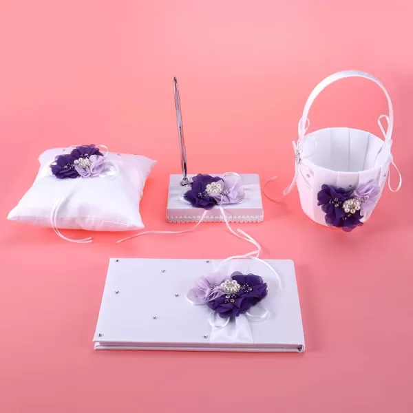 Toyvian 4pcs Set Ring Bearer Pillow with Pearl Bowknot Flower Girl Basket Wedding Guest Book Table Pen with Pen Holder for Wedding Party Decoration Supplies Purple FlowerPurple Flower