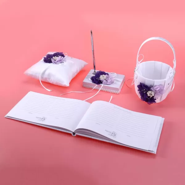 Toyvian 4pcs Set Ring Bearer Pillow with Pearl Bowknot Flower Girl Basket Wedding Guest Book Table Pen with Pen Holder for Wedding Party Decoration Supplies Purple FlowerPurple Flower