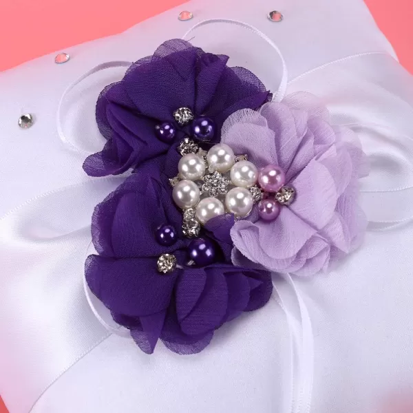 Toyvian 4pcs Set Ring Bearer Pillow with Pearl Bowknot Flower Girl Basket Wedding Guest Book Table Pen with Pen Holder for Wedding Party Decoration Supplies Purple FlowerPurple Flower