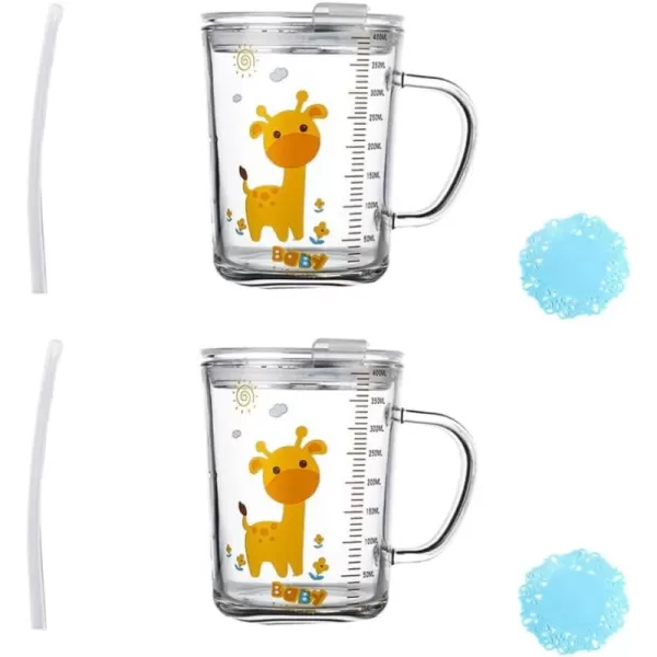 Toyvian 2 Sets Glass Tumbler Milk Cup Straw Mug Cartoon Giraffe Water Drinking Cup with Lid Handle and Scale with Coaster for Child 400ml