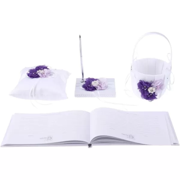 Toyvian 4pcs Set Ring Bearer Pillow with Pearl Bowknot Flower Girl Basket Wedding Guest Book Table Pen with Pen Holder for Wedding Party Decoration Supplies Purple FlowerPurple Flower