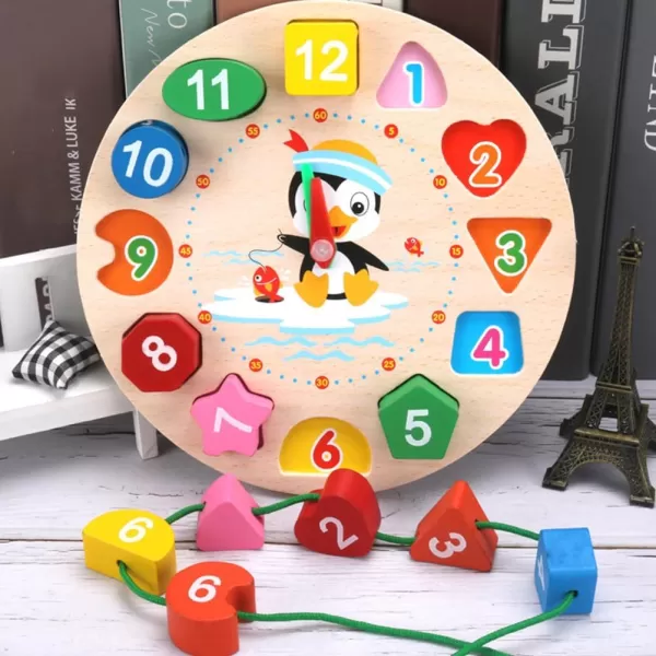 Clock Toy Wooden Teaching Clock Props Penguin Pattern Clock Toys Teaching Time Number Puzzle Stacking Montessori Educational Toys for Toddlers