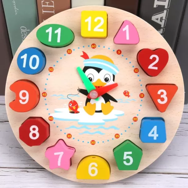 Clock Toy Wooden Teaching Clock Props Penguin Pattern Clock Toys Teaching Time Number Puzzle Stacking Montessori Educational Toys for Toddlers