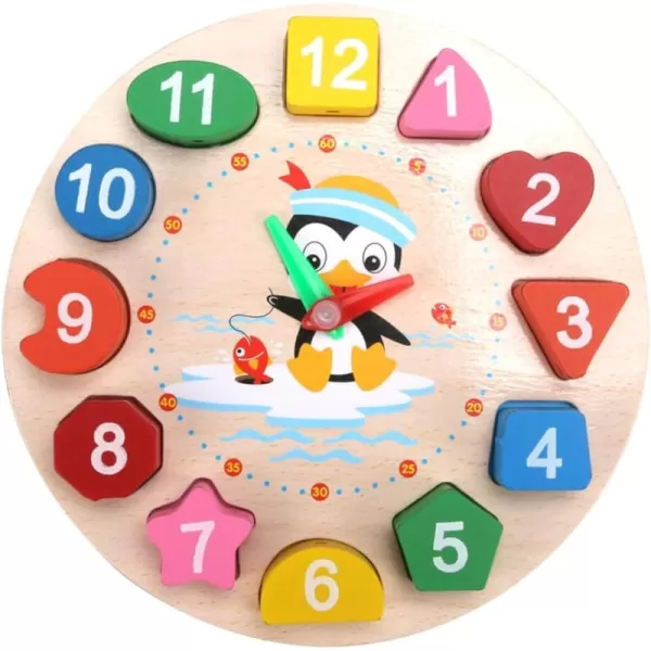 Clock Toy Wooden Teaching Clock Props Penguin Pattern Clock Toys Teaching Time Number Puzzle Stacking Montessori Educational Toys for Toddlers