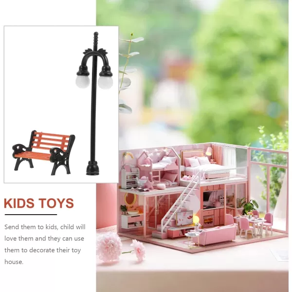 Toyvian 2 Sets Miniature Street Light Park Bench Model Railway Train Lamp Post Dollhouse Lamp Post Fairy Garden Dollhouse Bench Micro Landscape Accessories