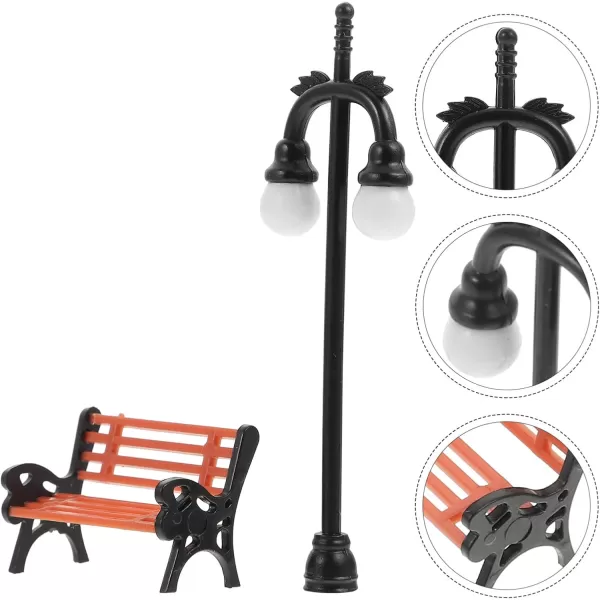 Toyvian 2 Sets Miniature Street Light Park Bench Model Railway Train Lamp Post Dollhouse Lamp Post Fairy Garden Dollhouse Bench Micro Landscape Accessories