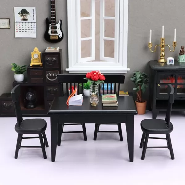 Black Chairs 5Pcs Miniature Table and Chairs Mini Dining Table Set for 4 Doll House Black Wooden Table Chairs Miniature Furniture and Accessories Furniture