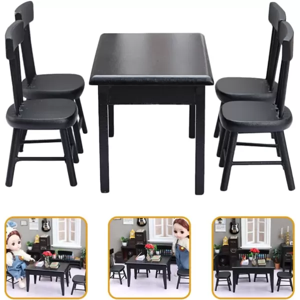 Black Chairs 5Pcs Miniature Table and Chairs Mini Dining Table Set for 4 Doll House Black Wooden Table Chairs Miniature Furniture and Accessories Furniture