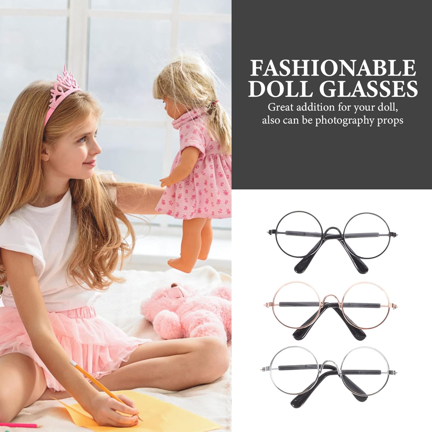 Toyvian 3Pcs Doll Glasses 3 Pairs Metal Wire Rim Glasses Doll Eyewear Mini Glasses Fits for 18in Dolls Mini Dolls Costume Accessories Assorted Color 83cm326inch W