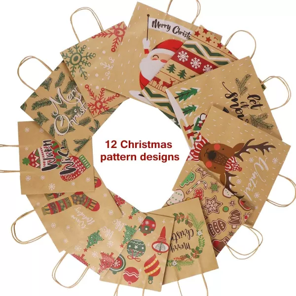 Christmas Kraft Bags with Assorted Christmas Prints for Kraft Bags Christmas Goody Bags Xmas Bags for Christmas Party Favors12Designs3 Sizes