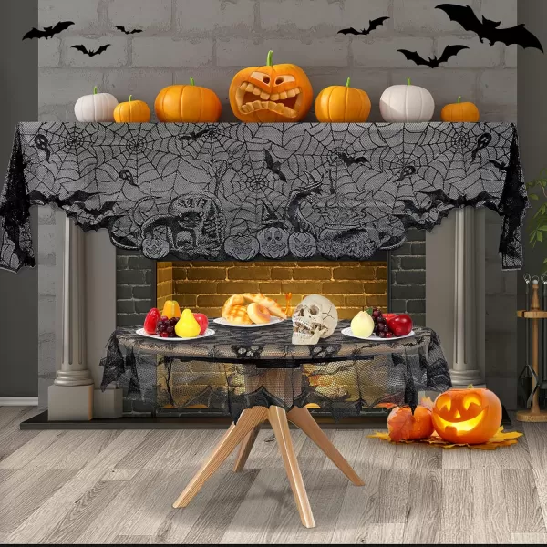 Toyvian 1 Set Halloween Decoration Set Halloween Skull Bat Lace Tablecloth Spiderweb Fireplace Mantle Scarf Spider Web Table Runner Cover Table Topper for Home Party