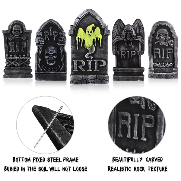 Toyvian 157 inch Halloween Tombstone Halloween Cemetary Headstones 5 Pack Foam RIP Headstone Creepy Halloween Yard Signs with Metal Stakesfor Halloween Decorations Scary Graves Party Supplies