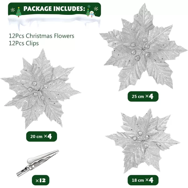 Toyvian Christmas Flower with Stem 12PCS Artificial Christmas Flowers Decorations with Clips Xmas Tree Ornaments Glitter Flower 79in Inches Christmas Artificial Flowers for Xmas WreathSilver