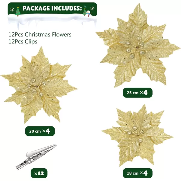 Toyvian Christmas Flower with Stem 12PCS Artificial Christmas Flowers Decorations with Clips Xmas Tree Ornaments Glitter Flower 79in Inches Christmas Artificial Flowers for Xmas WreathGold