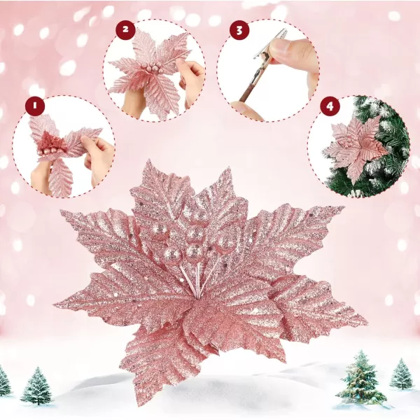 Toyvian Christmas Flower with Stem 12PCS Artificial Christmas Flowers Decorations with Clips Xmas Tree Ornaments Glitter Flower 79in Inches Christmas Artificial Flowers for Xmas WreathRose Gold