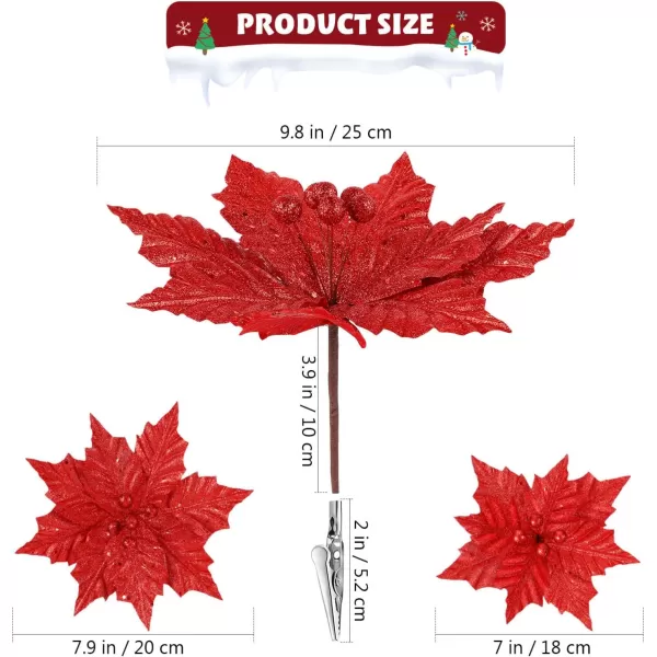 Toyvian Christmas Flower with Stem 12PCS Artificial Christmas Flowers Decorations with Clips Xmas Tree Ornaments Glitter Flower 79in Inches Christmas Artificial Flowers for Xmas WreathRed