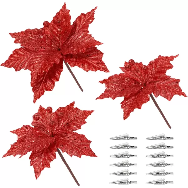 Toyvian Christmas Flower with Stem 12PCS Artificial Christmas Flowers Decorations with Clips Xmas Tree Ornaments Glitter Flower 79in Inches Christmas Artificial Flowers for Xmas WreathRed
