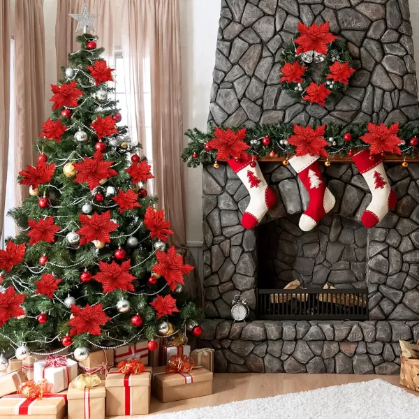 Toyvian Christmas Flower with Stem 12PCS Artificial Christmas Flowers Decorations with Clips Xmas Tree Ornaments Glitter Flower 79in Inches Christmas Artificial Flowers for Xmas WreathRed