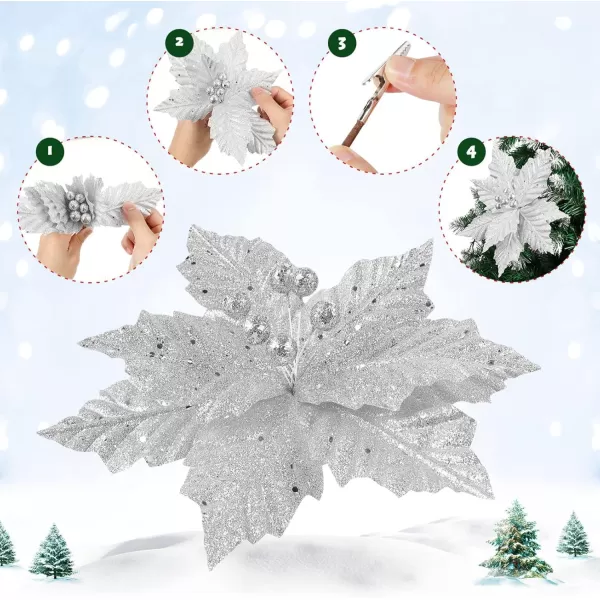 Toyvian Christmas Flower with Stem 12PCS Artificial Christmas Flowers Decorations with Clips Xmas Tree Ornaments Glitter Flower 79in Inches Christmas Artificial Flowers for Xmas WreathSilver