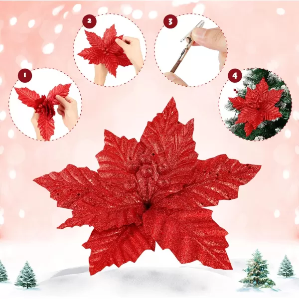 Toyvian Christmas Flower with Stem 12PCS Artificial Christmas Flowers Decorations with Clips Xmas Tree Ornaments Glitter Flower 79in Inches Christmas Artificial Flowers for Xmas WreathRed