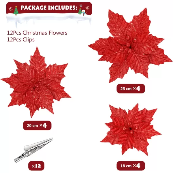 Toyvian Christmas Flower with Stem 12PCS Artificial Christmas Flowers Decorations with Clips Xmas Tree Ornaments Glitter Flower 79in Inches Christmas Artificial Flowers for Xmas WreathRed