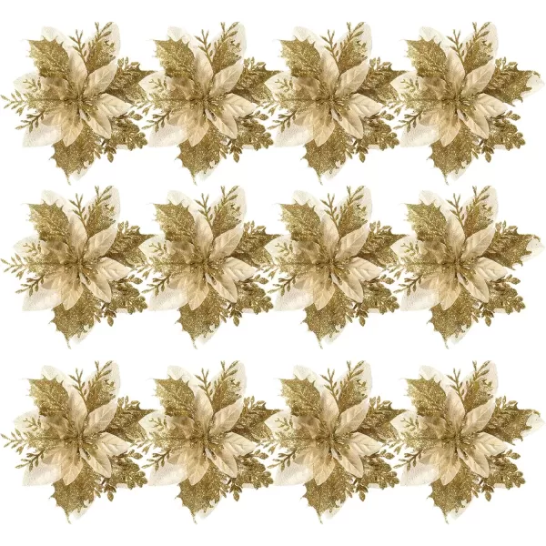 Toyvian Christmas Glitter Artificial Poinsettia Flowers 12pcs Christmas Tree Flowers Ornaments Xmas Party Decoration with 12pcs Stems and Clips GoldGold