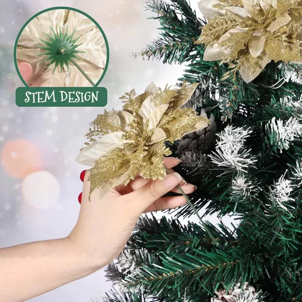 Toyvian Christmas Glitter Artificial Poinsettia Flowers 12pcs Christmas Tree Flowers Ornaments Xmas Party Decoration with 12pcs Stems and Clips GoldGold