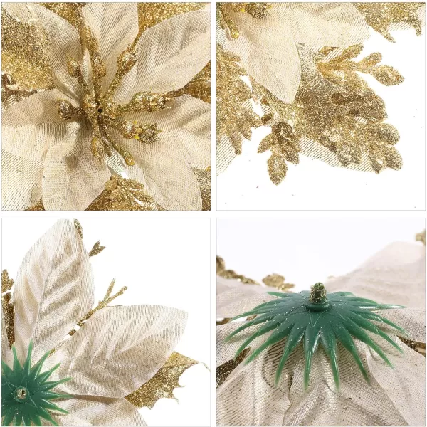 Toyvian Christmas Glitter Artificial Poinsettia Flowers 12pcs Christmas Tree Flowers Ornaments Xmas Party Decoration with 12pcs Stems and Clips GoldGold