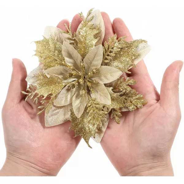 Toyvian Christmas Glitter Artificial Poinsettia Flowers 12pcs Christmas Tree Flowers Ornaments Xmas Party Decoration with 12pcs Stems and Clips GoldGold