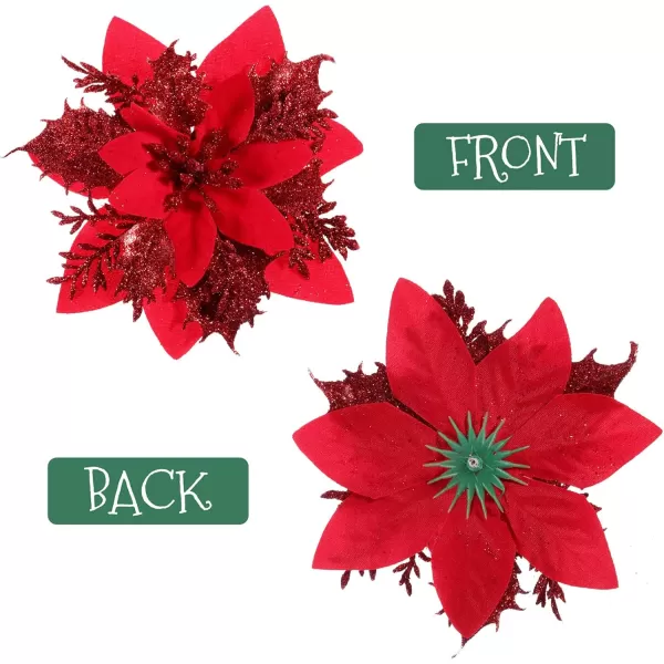 Toyvian Christmas Glitter Artificial Poinsettia Flowers 12pcs Christmas Tree Flowers Ornaments Xmas Party Decoration with 12pcs Stems and Clips GoldRed