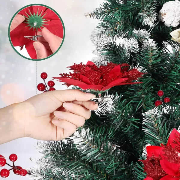 Toyvian Christmas Glitter Artificial Poinsettia Flowers 12pcs Christmas Tree Flowers Ornaments Xmas Party Decoration with 12pcs Stems and Clips GoldRed