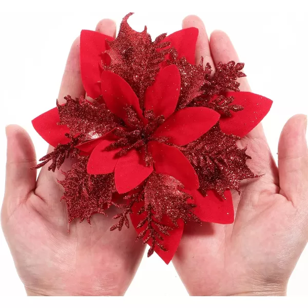 Toyvian Christmas Glitter Artificial Poinsettia Flowers 12pcs Christmas Tree Flowers Ornaments Xmas Party Decoration with 12pcs Stems and Clips GoldRed