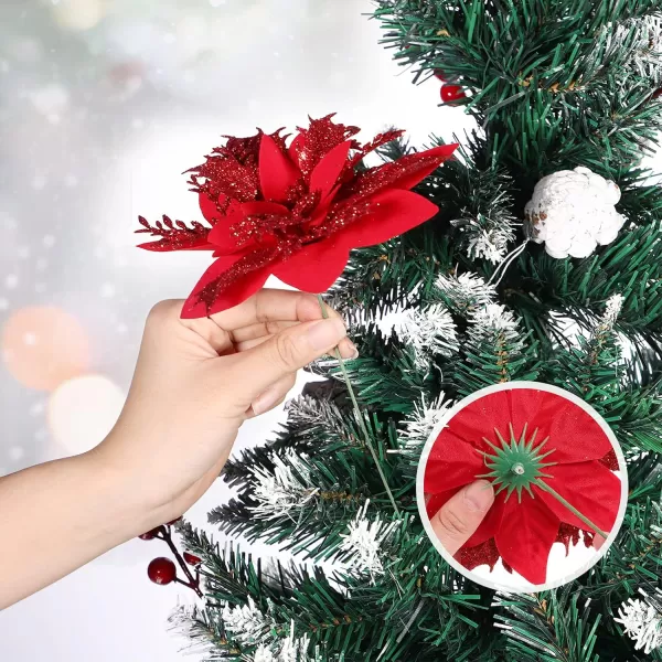 Toyvian Christmas Glitter Artificial Poinsettia Flowers 12pcs Christmas Tree Flowers Ornaments Xmas Party Decoration with 12pcs Stems and Clips GoldRed