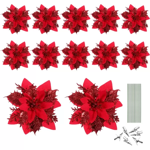 Toyvian Christmas Glitter Artificial Poinsettia Flowers 12pcs Christmas Tree Flowers Ornaments Xmas Party Decoration with 12pcs Stems and Clips GoldRed