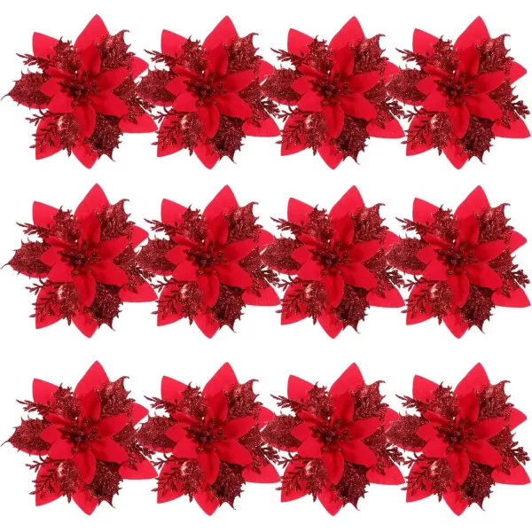 Toyvian Christmas Glitter Artificial Poinsettia Flowers 12pcs Christmas Tree Flowers Ornaments Xmas Party Decoration with 12pcs Stems and Clips GoldRed