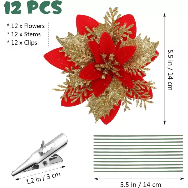 Toyvian Christmas Glitter Poinsettia Xmas Artificial Flowers Decorations with Clips and Stems Glitter Christmas Tree Fake Flowers for Christmas Wreath Door Garland Xmas Tree Wedding New YearRed