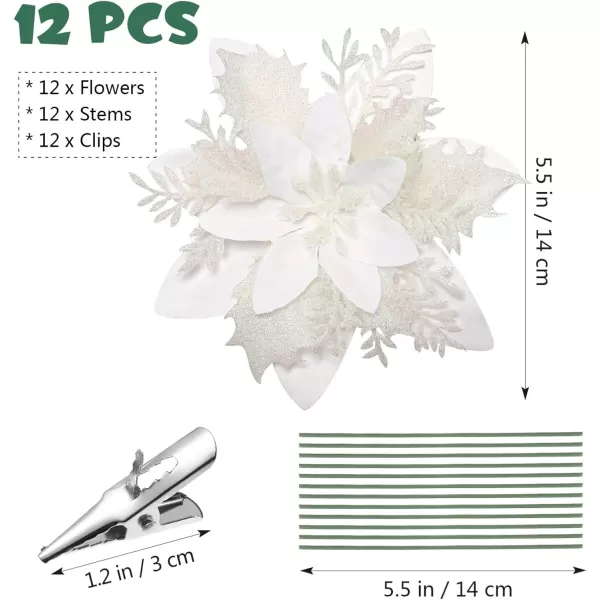 Toyvian Christmas Glitter Poinsettia Xmas Artificial Flowers Decorations with Clips and Stems Glitter Christmas Tree Fake Flowers for Christmas Wreath Door Garland Xmas Tree Wedding New YearWhite