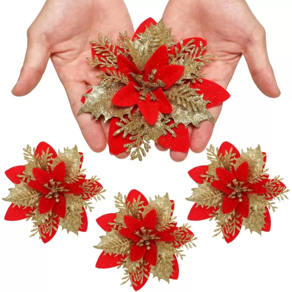 Toyvian Christmas Glitter Poinsettia Xmas Artificial Flowers Decorations with Clips and Stems Glitter Christmas Tree Fake Flowers for Christmas Wreath Door Garland Xmas Tree Wedding New YearRed