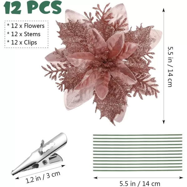 Toyvian Christmas Glitter Poinsettia Xmas Artificial Flowers Decorations with Clips and Stems Glitter Christmas Tree Fake Flowers for Christmas Wreath Door Garland Xmas Tree Wedding New YearBrown Red