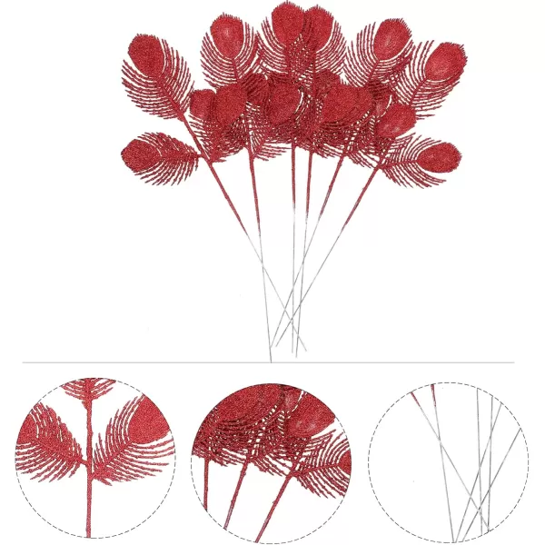 Toyvian Christmas Leaves Stems 6pcs Artificial Glitter Leaf Fake Plant Leaves Glitter Leaf Spray Floral Vase Arrangement Bouquets for Christmas Tree Wedding Party Decor SilverRed