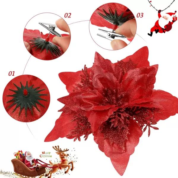 Toyvian Christmas Poinsettia Flower Decoration 12pcs Fake Flowers for Christmas Tree Glitter Flower Xmas Party Tree Wreath Ornaments Christmas Wreath Artificial Flowers DecorationsRed