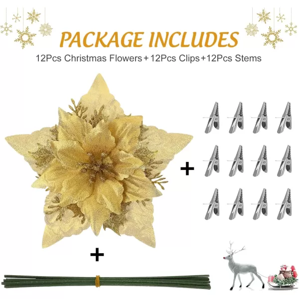 Toyvian Christmas Poinsettia Flower Decoration 12pcs Fake Flowers for Christmas Tree Glitter Flower Xmas Party Tree Wreath Ornaments Christmas Wreath Artificial Flowers DecorationsGolden